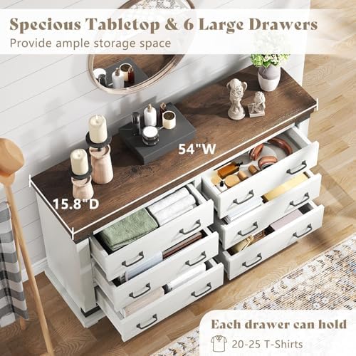 AMERLIFE 5-Piece Farmhouse Bedroom Set, Rustic Wood Queen Bed Frame with 54" Tall Headboard, 6-Drawer Dresser Chest, 5-Drawer Tall Chest, Nightstands Set of 2 with Charging Station, White