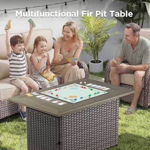 Luxury Patio Furniture Set with Fire Pit Table-4 Pieces High Back Wicker Swivel Rocker Chairs with 6" Extra Thick Cushions, Outdoor Patio Conversation Sets for Porch Deck Backyard(Brown/Beige)