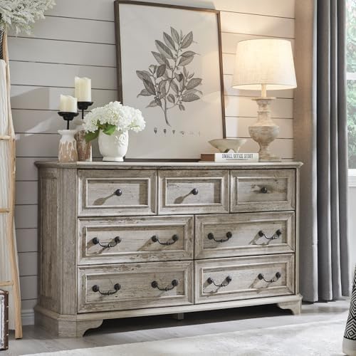 T4TREAM Farmhouse 7 Drawers Dresser for Bedroom, 54" Wide Wood Rustic Chest of Drawers with Natural Texture, Vintage Design, Storage Dressers Organizer for Bedroom, Living Room Light Rustic Oak