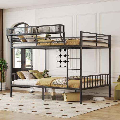 Queen Over Queen Metal Bunk Bed with Storage Shelf & USB Charging