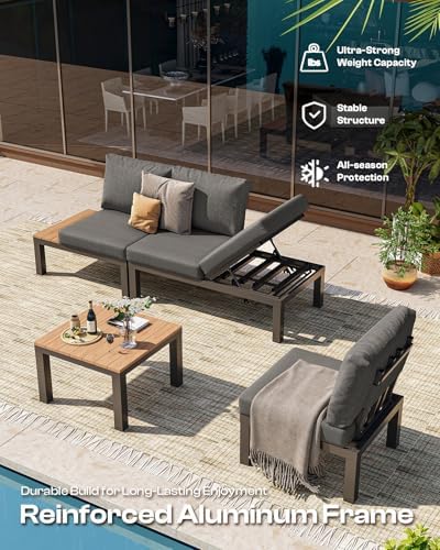 Aluminum Outdoor Patio Sofa Set, 2 Seats Modular Sectional Reclining Loveseat Sofa with Adjustable Backrest & Removable Cushions, All-Weather Conversation Sets for Garden & Yard, Graphite