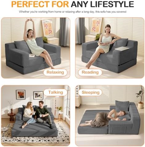 Erament Convertible Sofa Bed, Loveseat Folding Floor Futon Sleeper Sofa Couch Bed- Boneless Foldable Couch, Corduroy Pull Out Sofa Bed with 2 Pillows for Living Room & Bedroom