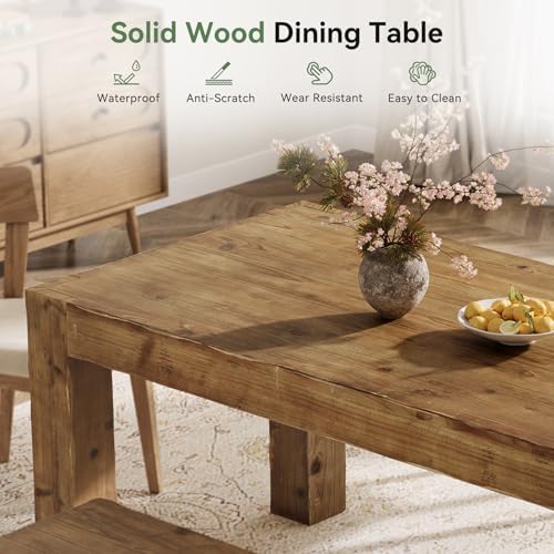 Solid Wood Dining Table for 6, 63-Inch Farmhouse Kitchen Table with Heavy Duty Legs, Rectangular Wood Dinner Table for Dining Room, Living Room, Natural Brown (Only Table)