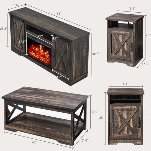 AMERLIFE Living Room Furniture Set, 63" Dark Oak TV Stand with Fireplace