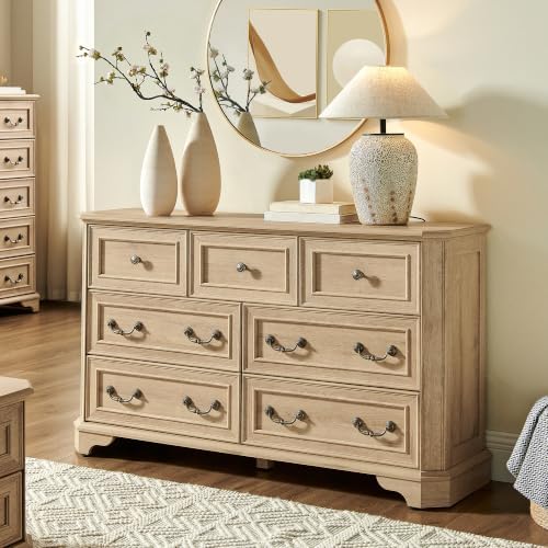 T4TREAM Farmhouse 7 Drawers Dresser for Bedroom, 54" Wide Wood Rustic Chest of Drawers with Natural Texture, Vintage Design, Storage Dressers Organizer for Bedroom, Living Room, Hallway, Natural Oak