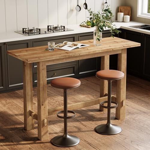 Solid Wood Bar Table, 63-Inch Farmhouse Bar Height Pub Table for Kitchen Dining Room, Rustic Wooden Bistro Table with Sturdy Legs for Home Bar, Apartment, Cafe, Natural Brown