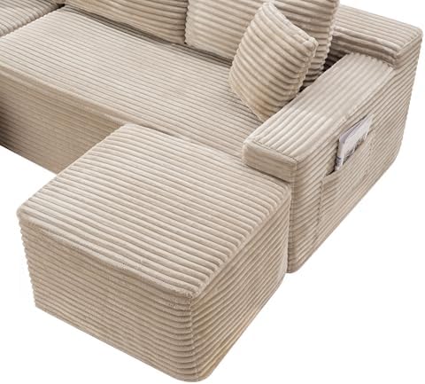 95-Inch U-Shaped Left Facing Corner Compressed Sofa Modular Sectional Boneless Cloud Sofa Floor Foam Couch W/Chaise Lounge & Ottoman, Corduroy Corner Boneless Cloud Couch