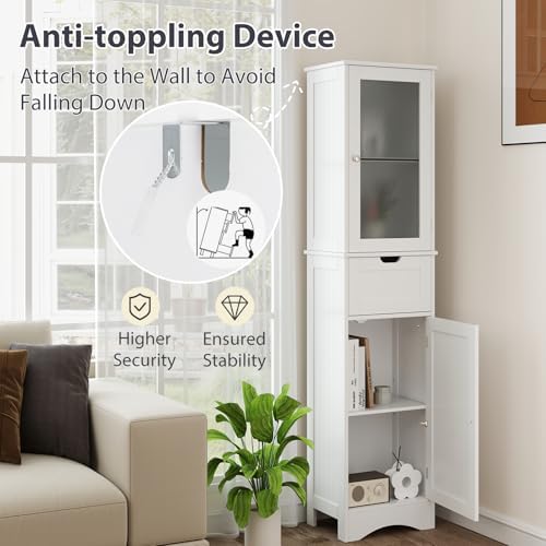 COSTWAY 67” Tall Bathroom Storage Cabinet, Freestanding Floor Cabinet with 2 Doors & 1 Drawer, 3-Level Adjustable Shelves, Narrow Slim Linen Tower for Bathroom, Living Room, Kitchen (White) | with 2 Doors & 1 Drawer, 3-Level Adjustable Shelves, Narrow ...