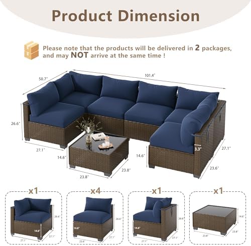 LOUVIXA 7 Piece Outdoor Patio Furniture Set, Outdoor Sectional Sofa, Wicker Rattan Patio Furniture, Patio Conversation Set with Coffee Table & Cushions