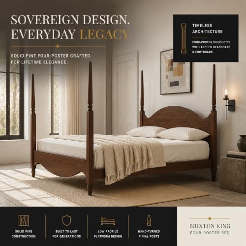 Brixton King Solid Pine Wood Four-Poster Bed, Arched Headboard, Walnut