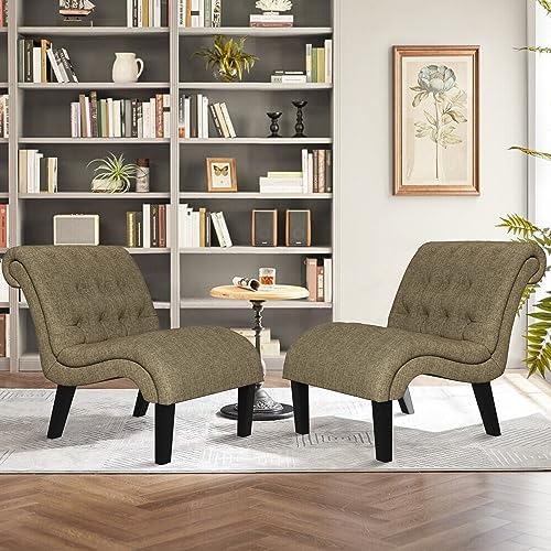 Accent Chairs Set of 2 Modern Armless Living Room Bedroom Side Chairs Button Tufted Upholstered Leisure Chair with Wood Legs