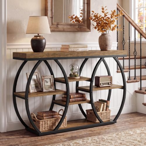 Tribesigns 47-Inch Farmhouse Console Table for Entryway, 4-Tier Narrow Industrial Sofa Table with Artistic Curved Metal Frame for Living Room, Hallway, Foyer, Behind Couch, Rustic Brown