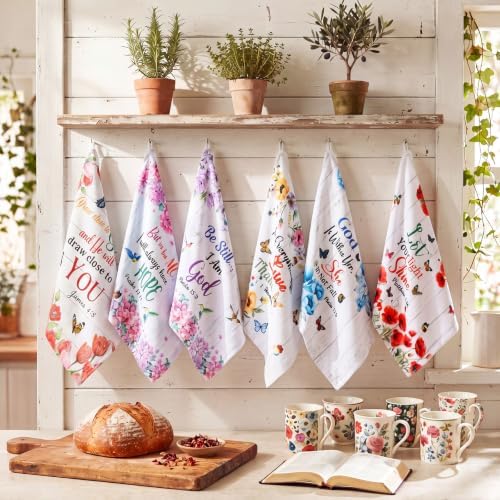 Redbaker 6 Pcs Christian Kitchen Towels, Floral Religious Dish Towel, Bible Absorbent Farmhouse Decorative Fast Drying Tea Dishcloth with Hanging Loop for Kitchen Bathroom Home Housewarming Gift