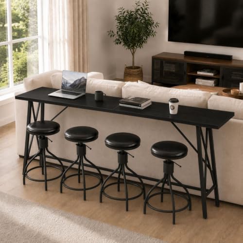 Karl home 83.8" Bar Table and Chairs Set, 4 Adjustable PU Stools, Black