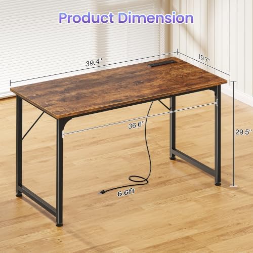 PRAISUN 40 X 20 Inch Computer Desk, Power Outlets, USB-C, Rustic Brown