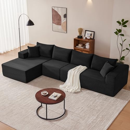 Mangodan 140” Cloud Sectional Couch, Modular Sectional Sofa with Deep Seat, Boneless Sofa for Living Room, Fluffy Comfy L-Shaped Couch with Left Facing Chaise, No Assembly Required, Black