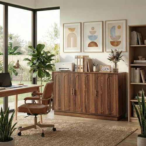 holzart 46.6" Modern Farmhouse 3 Door Storage Cabinet, Rustic Brown Sideboard Buffet with Gold Handles, Large Fluted Wood Credenza for Dining Room, Living Room, Coffee Bar