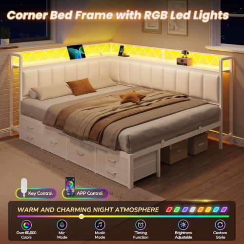 Corner Queen Bed Frame with 6 Storage Drawers, Open Shelves,Charging Ports
