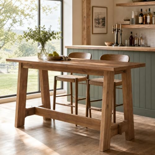 63" Solid Wood Bar Table, Rectangular Farmhouse Pub Table with A-Frame, Heavy-Duty High Top Dining Bar Unit for 4 for Kitchen, Home Bar, Coffee Bar, Rustic Brown