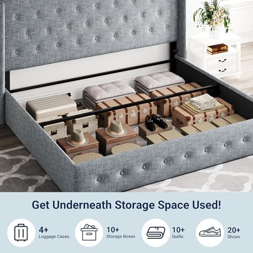 Allewie King Size Lift Up Storage Button-Tufted Bed Frame Blue Grey