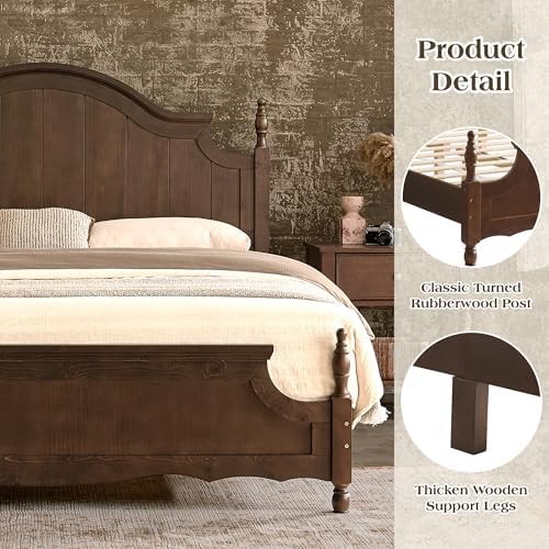 LUXOAK Queen Size Solid Wood Poster Bed, 55" Arched Headboard, Dark Walnut