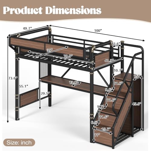 KEIKI Twin XL Size Metal Loft Bed Frame with Storage Staircase, Desk, Black