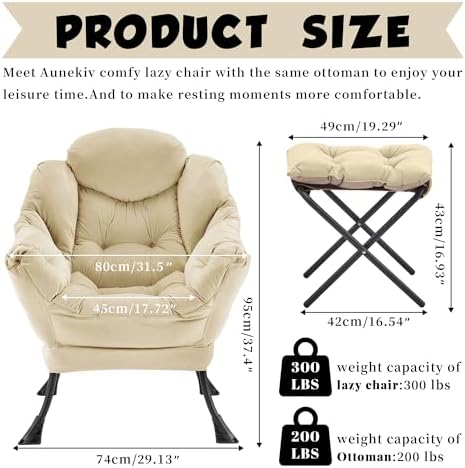 Lazy Chair with Ottoman, Comfy Reading Chair, Khaki