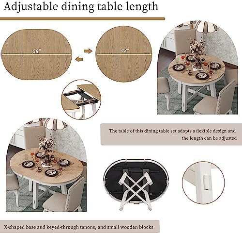 LUMISOL Round Dining Table Set for 4, Farmhouse Kitchen Table Set with Round Extendable Dining Table and 4 Upholstered Dining Chairs, Oak Natural Wood+Antique White