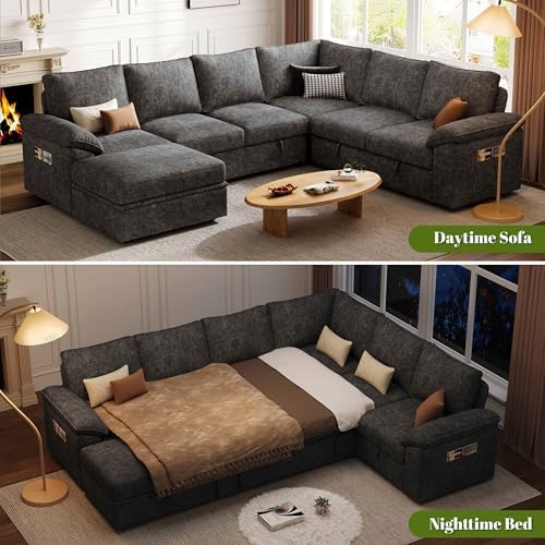 106'' Modular Sectional Sofa with Pull Out Bed, Sleeper Sofa, Dark Gray