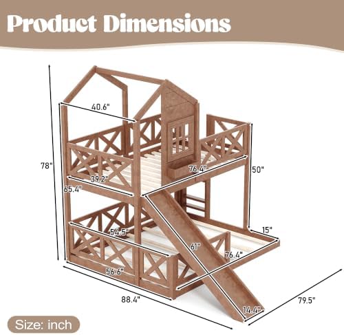 Twin Over Full House Bunk Bed with Slide, Wood Playhouse Loft Bunk Bed Frame with X-Shaped Safety Guardrails, Window & Storage Space, Space-Saving, No Box Spring Needed, Natural