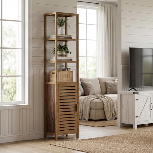 HITNET Bathroom Cabinet, Bamboo Floor Cabinet Freestanding Narrow Storage Unit with Removable Shelves, 6 Tier Tall Cabinet, Walnut