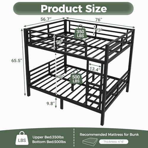 Full Over Full Bunk Beds, Heavy Duty Metal Full Size Bunk Bed for Teens and Adults, Noise-Free Design Bunkbeds with Ladder, Guardrail for Bedroom, Dorms and Apartment, No Box Spring Required, Black
