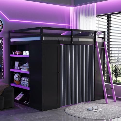 Merax Full Size Loft Bed with Desk and 6 Storage Shelves, Wardrobe, Blackout Curtain, Solid Wood Gaming Loft Bed Frame with USB Port & RGB Lights, No Box Spring Needed, Space-Saving, Black+Purple