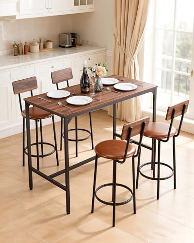 VEVOR Bar Table and Chairs Set, 5PCS 47.2″ Bars Tables Set with Rounded Edge Design, Rectangular Pub Table with Four Stools for Living Room, Dining Room, Kitchen, Walnut Color, Black