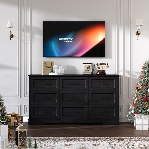 Farmhouse 9 Drawers Dresser Chests for Bedroom, Black 9 Drawers TV Stand