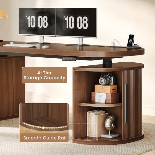 SEDETA 57" Standing Desk with Storage, Electric Height Adjustable Executive Fluted Desk with Curved Cabinets, Computer Desk with Power Strip for Home Office, Brown
