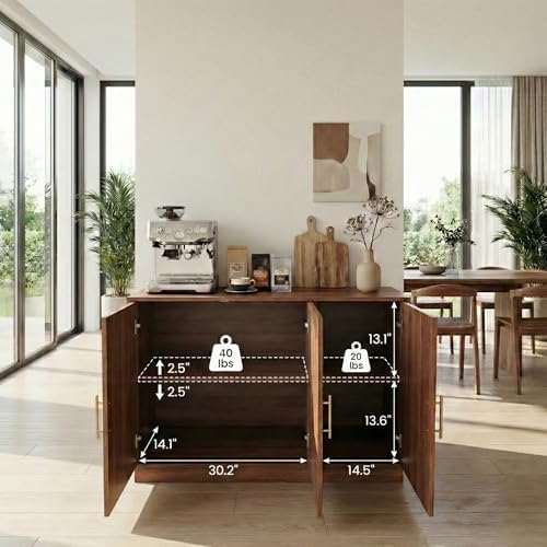 holzart 46.6" Modern Farmhouse 3 Door Storage Cabinet, Rustic Brown Sideboard Buffet with Gold Handles, Large Fluted Wood Credenza for Dining Room, Living Room, Coffee Bar