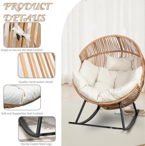 Shintenchi Wicker Egg Chair,Oversized Outdoor Indoor Rocking Chair,Large PE Rattan Rocking Chair with Cushion for Patio, Balcony, Backyard, Garden, Beige