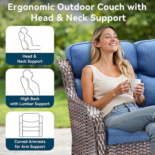 Luxury Outdoor Patio Furniture Set-Wicker High Backrest 3-Seat Patio Sofa with Comfy 6" Cushion, Rattan Couch with Deep Seat All-Weather Patio Conversation Set for Deck Backyard Garden(Brown/Blue)
