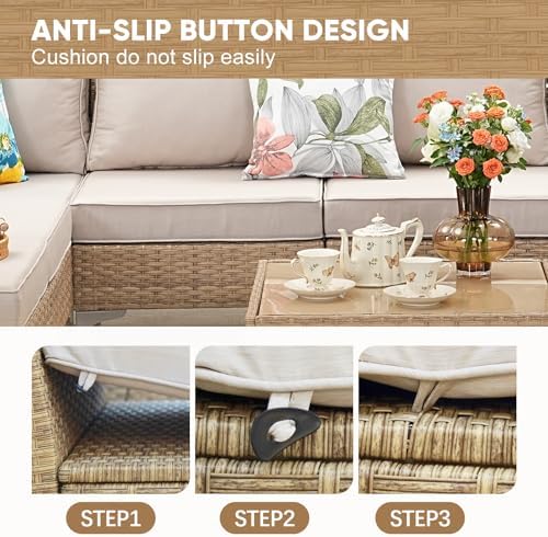 JOYURE 3 Piece Wicker Patio Furniture Set,Outdoor Conversation Loveseat Sectional Sofa w/Coffee Table,All-Weather Outdoor Sofa with Thick and Anti-Slip Cushions for Deck,Poolside,Garden,Beige