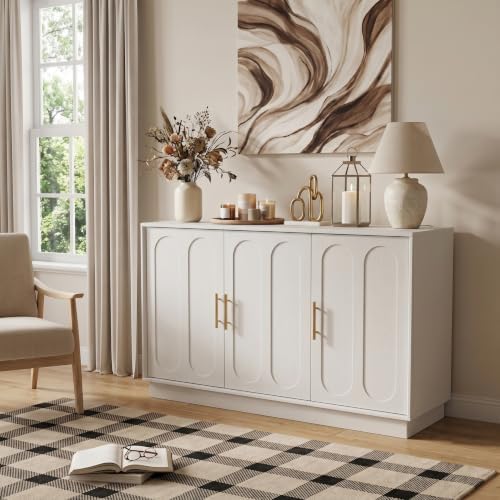 holzart 46.6" Modern Farmhouse 3 Door Storage Cabinet, White Sideboard Buffet with Gold Handles, Large Fluted Wood Credenza for Dining Room, Living Room, Coffee Bar