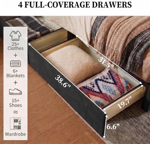 King Bed Frame with Storage Drawers, Corduroy Bed with Headboard, Black