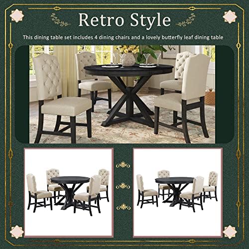 LUMISOL Round Dining Table Set for 4, Farmhouse Extendable Kitchen Table Set with 4 Upholstered Chairs for Kitchen, Dining Room, Living Room, Espresso+Dark Beige