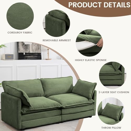 ROWHY 78'' Sectional 2 Seat Cloud Loveseat with 2 Throw Pillows, Modern Corduroy Love Seat, Cozy Sofa for Living Room, Office and Bedroom,Green