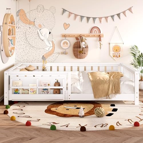 Queen Size Montessori Floor Bed with Bookshelf, Guardrail and Slats, White