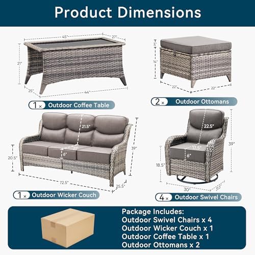 Luxury 8 Pieces Outdoor Patio Furniture Set-All Weather Wicker Swivel Rocker Patio Chairs with 6" Thick Cushion Rattan Sofa Coffee Table, Outdoor Conversation for Garden Porch Backyard(Grey/Grey)