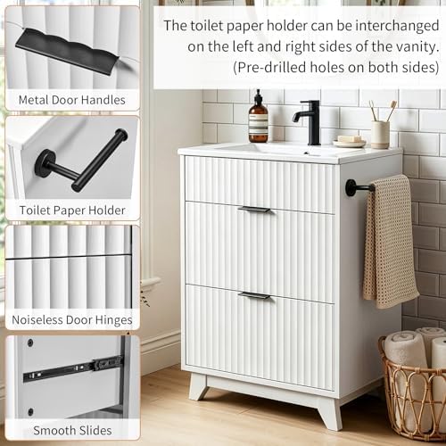 VINGLI 24 Inch Bathroom Vanity with Sink, White Bathroom Sink Cabinet with Fluted Drawers, Freestanding Modern Vanity Cabinet with Ceramic Basin, Black Handles & Side Toilet Paper Holder