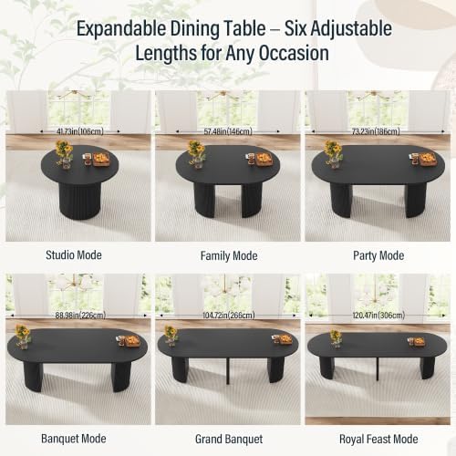 weselon 42"-120" Extendable Dining Table for 4-14, Expandable Oval Dining Room Table with Fluted Pedestal Base & Reinforced Metal Support Leg, Extra Large Modern Kitchen Table (Black)