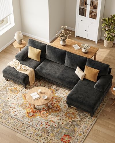 U-Shaped Sectional Couches for Living Room | 112 Inch Modern Sectional Couch | Chenille Sofa with Double Chaise for Apartment Black