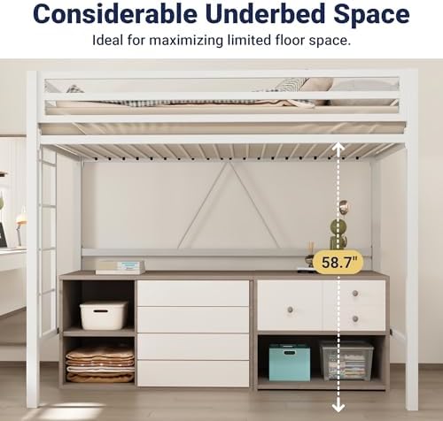Allewie Metal Loft Bed Twin Size with Guardrail and Ladder,White